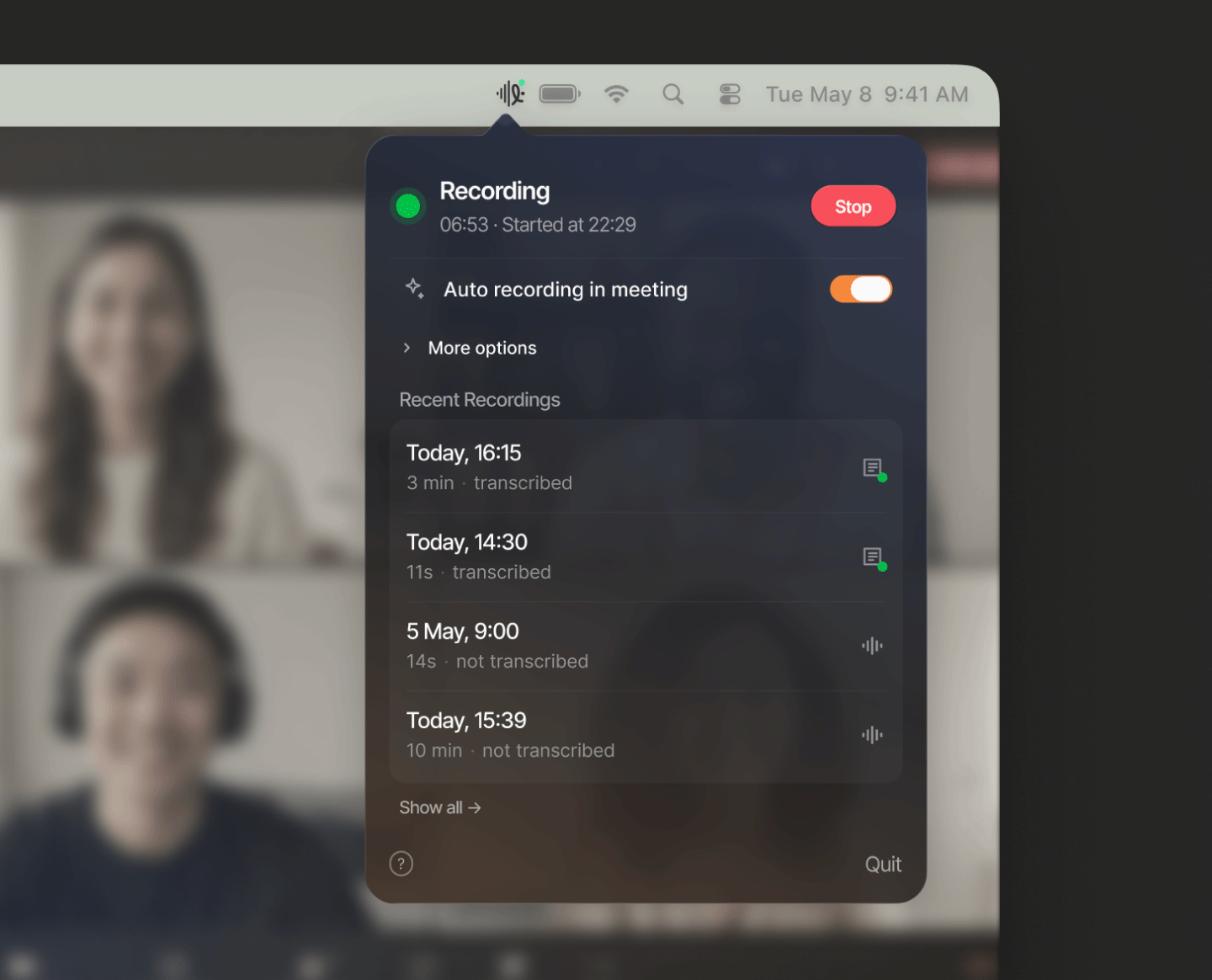 Levi Recorder popover showing Recording state with recent transcribed meetings
